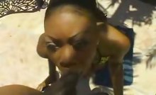 Cute ebony college chick giving nice blowjob to big cock