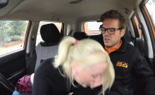 Nasty blonde fucks instructor in his car