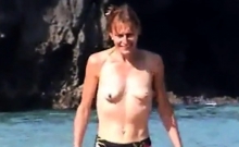 wife topless on beach with small empty saggy tits