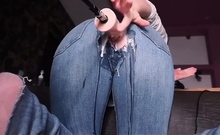 Machine Dick through her Jeans makes Mom Cream so Hard