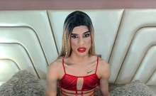 Seductive Ladyboy Strokes Her Long Erect Cock