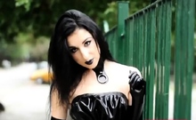 Ultra sexy goth girl wearing black lipstick in public