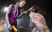 Alt dominatrix pegging tattooed worker