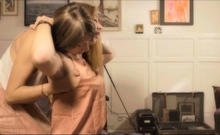 Small tit brunette amateur tugs on a big willie