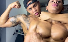 Two hot latino guys show their muscles