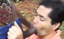 Dark Shemale Fucking White Guy Outdoors