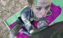 Tattooed couple anal fuck outdoors