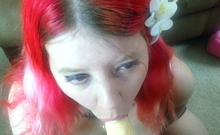 Big tit brunette sucks a big cock POV